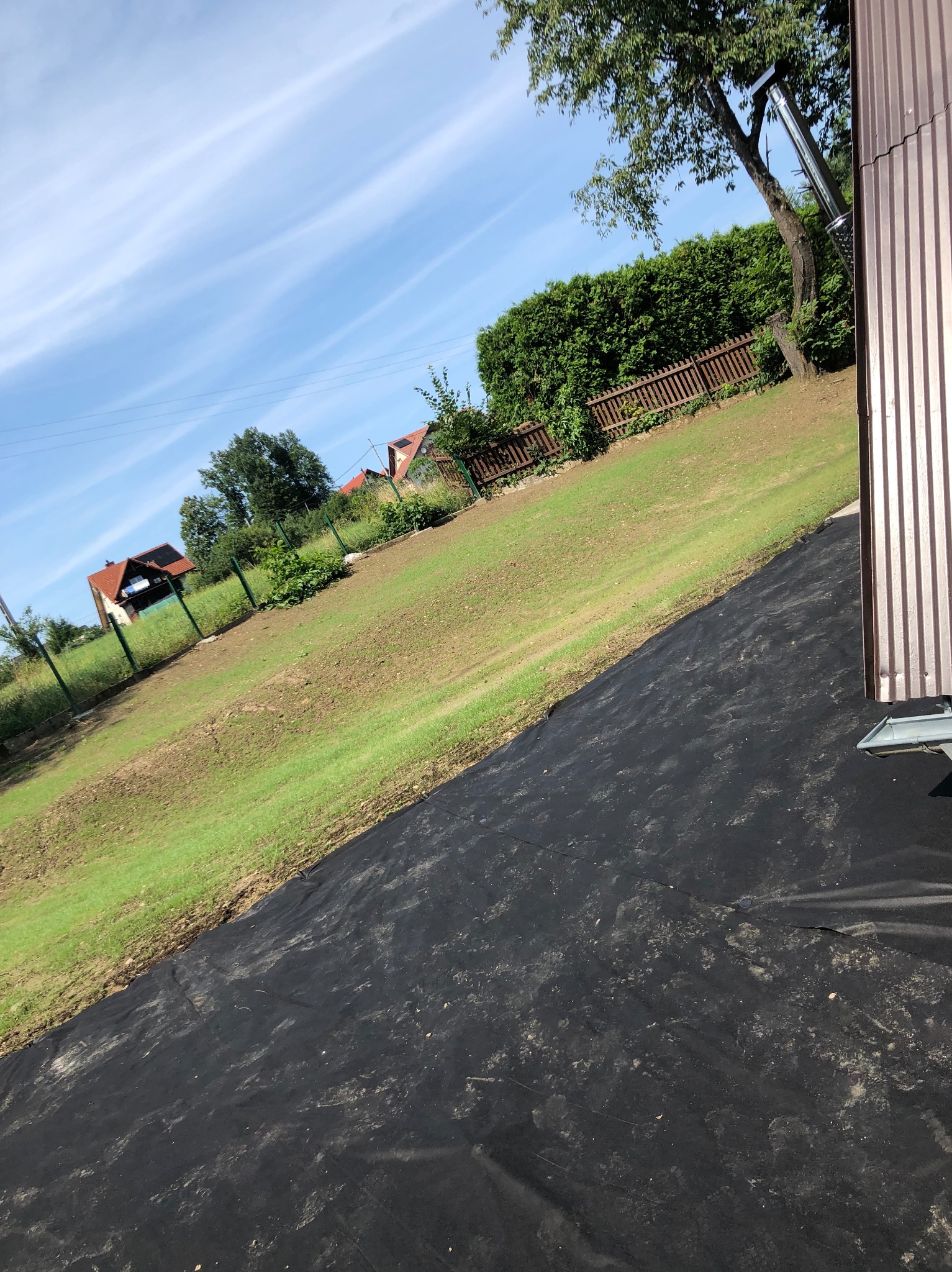 Przygotowanie terenu pod trawnik z rolki: rozłożona czarna agrowłóknina na ziemi, w tle zielona trawa i zabudowa jednorodzinna, błękitne niebo.