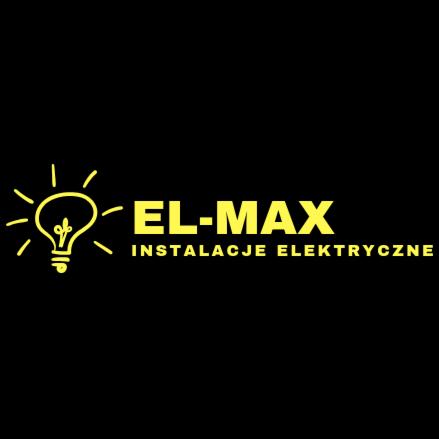 Żółte logo firmy EL-MAX z symbolem żarówki i napisem INSTALACJE ELEKTRYCZNE na czarnym tle.