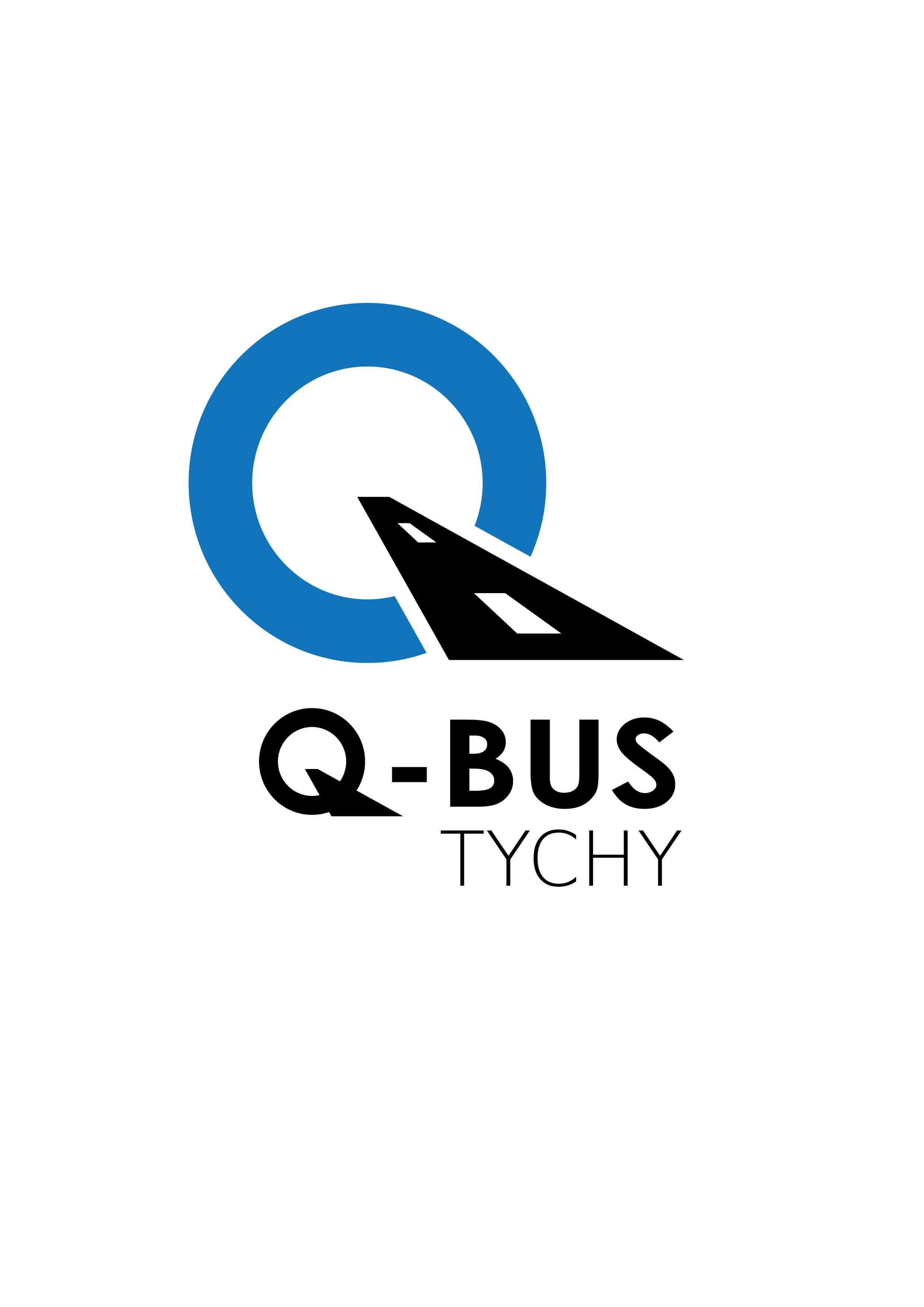 Logo firmy Q-Bus Tychy z niebieskim okręgiem i czarną drogą w kształcie litery Q.
