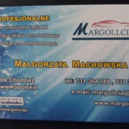 Wizytówka firmy Margollcia z Chodzieży, oferującej profesjonalne mycie i czyszczenie tapicerki, pielęgnację lakieru samochodowego oraz renowację lamp samochodowych, z danymi kontaktowymi...