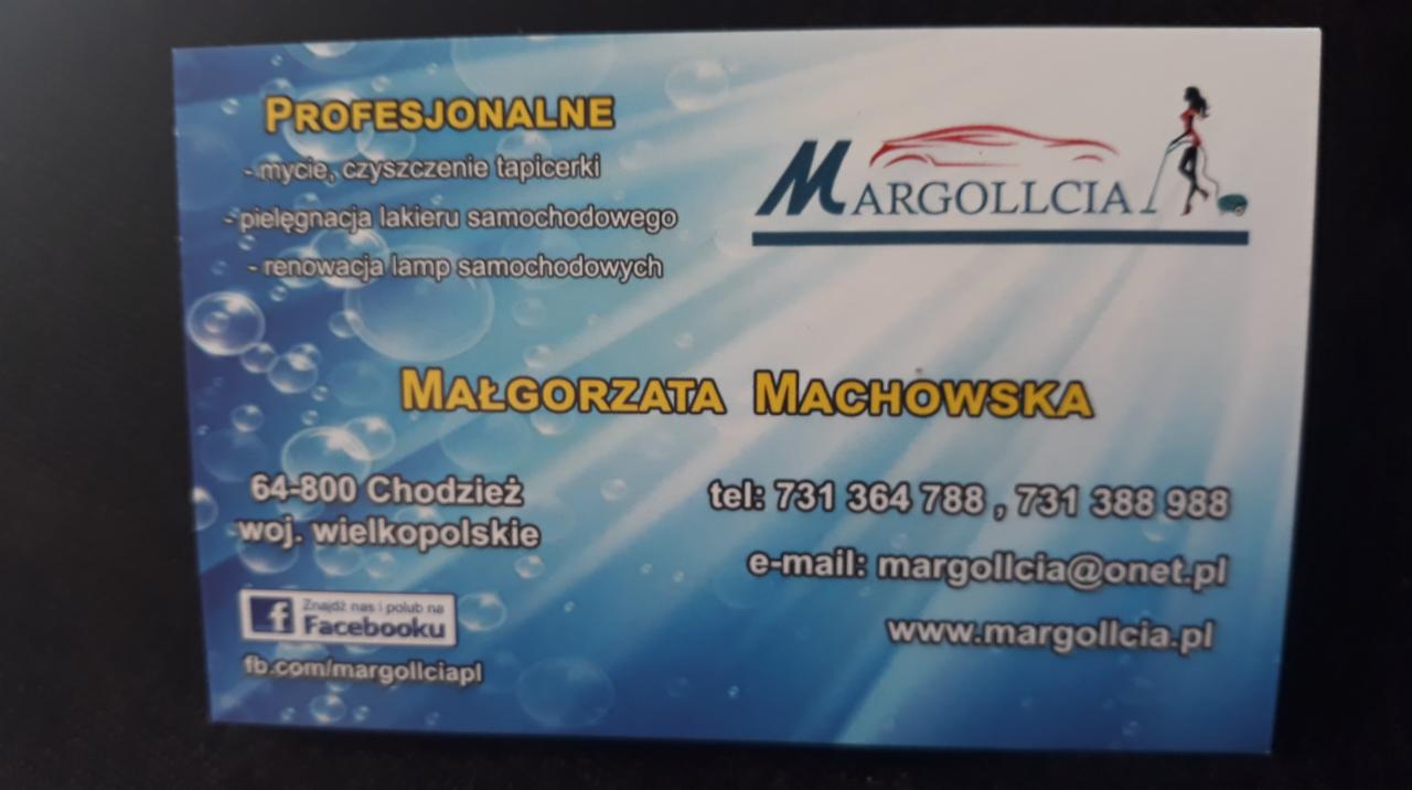 Wizytówka firmy Margollcia z Chodzieży, oferującej profesjonalne mycie i czyszczenie tapicerki, pielęgnację lakieru samochodowego oraz renowację lamp samochodowych, z danymi kontaktowymi...