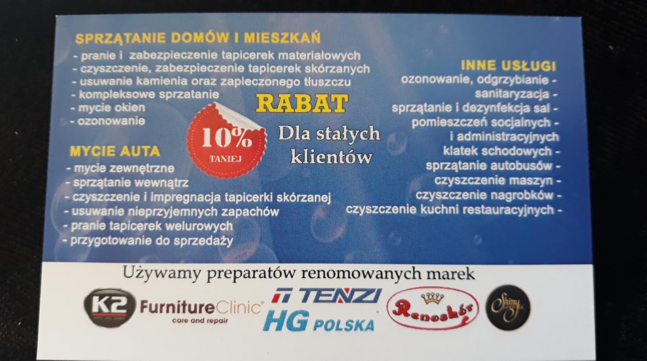 Ulotka reklamowa firmy oferującej sprzątanie domów i mieszkań, mycie aut, ozonowanie, sprzątanie klatek schodowych, czyszczenie maszyn i nagrobków, z rabatem 10% dla stałych klientów oraz logo...