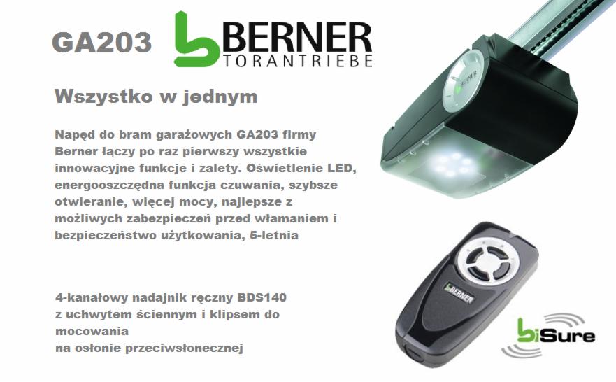 Napęd do bram garażowych Berner GA203 z oświetleniem LED i pilotem zdalnego sterowania BDS140, prezentacja produktu na białym tle.