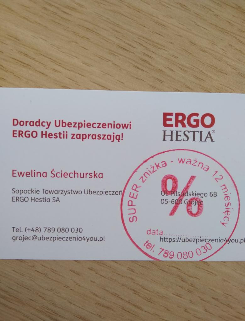 Wizytówka Doradcy Ubezpieczeniowego ERGO Hestia z informacją o super zniżce, danymi kontaktowymi i adresem URL.