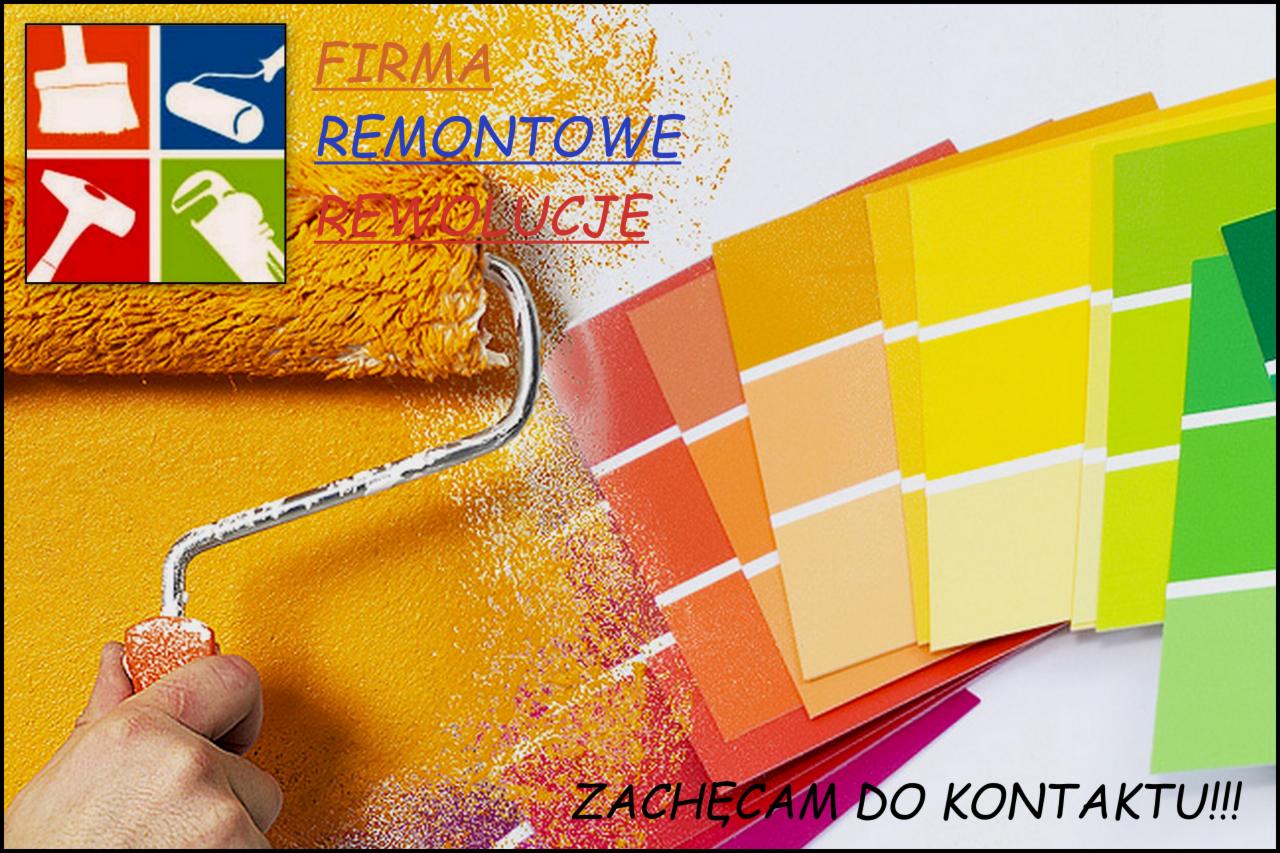 Malarz nanosi farbę wałkiem na ścianę, obok paleta kolorów i logo firmy remontowej.