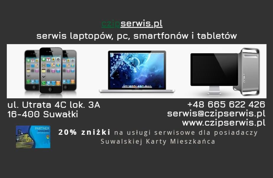 Reklama serwisu urządzeń elektronicznych w Suwałkach: telefony, laptop, komputer stacjonarny, informacja o zniżce dla posiadaczy Suwalskiej Karty Mieszkańca.