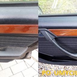 LustrCars - Porównanie tapicerki drzwi samochodu przed i po czyszczeniu, widoczna różnica w odświeżeniu i usunięciu zabrudzeń na materiale.