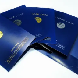 Stos niebieskich, matowych teczek firmowych z nadrukowanym złotym i srebrnym logo oraz danymi kontaktowymi na białym tle.