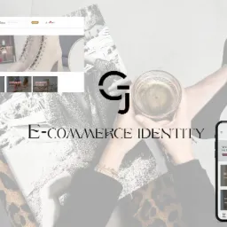 Identyfikacja wizualna sklepu internetowego z obuwiem GJ Shoes, prezentująca stronę internetową i aplikację mobilną na tle osoby trzymającej szklankę z napojem, z widocznym logo firmy.