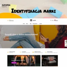 Prezentacja strony internetowej sklepu SzopIN z identyfikacją wizualną marki, oferującego produkty dla dzieci, domu i ogrodu, z certyfikatem Trusted Shops, wyświetlana na ekranie laptopa, otoczona...