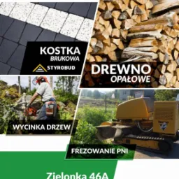 Kompozycja reklamowa firmy Drewbor: kostka brukowa, drewno opałowe, wycinka drzew i frezowanie pni. W tle maszyna do frezowania pni i pracownik używający piły łańcuchowej.