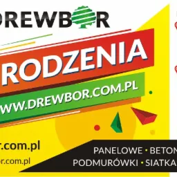 Grafika reklamowa firmy Drewbor oferującej systemy ogrodzeniowe, z podanymi adresami punktów sprzedaży w Sokołowie Małopolskim i Rzeszowie, adresem strony internetowej i adresem e-mail.