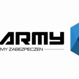 Logo firmy Alarmy Systemy Zabezpieczeń z geometrycznym symbolem litery 'e' w błękitnym sześcianie.