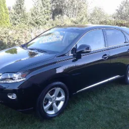 Błyszczący, czarny Lexus RX 450h po umyciu, stojący na trawniku przed domem, widoczne odbicia w karoserii i chromowane elementy.