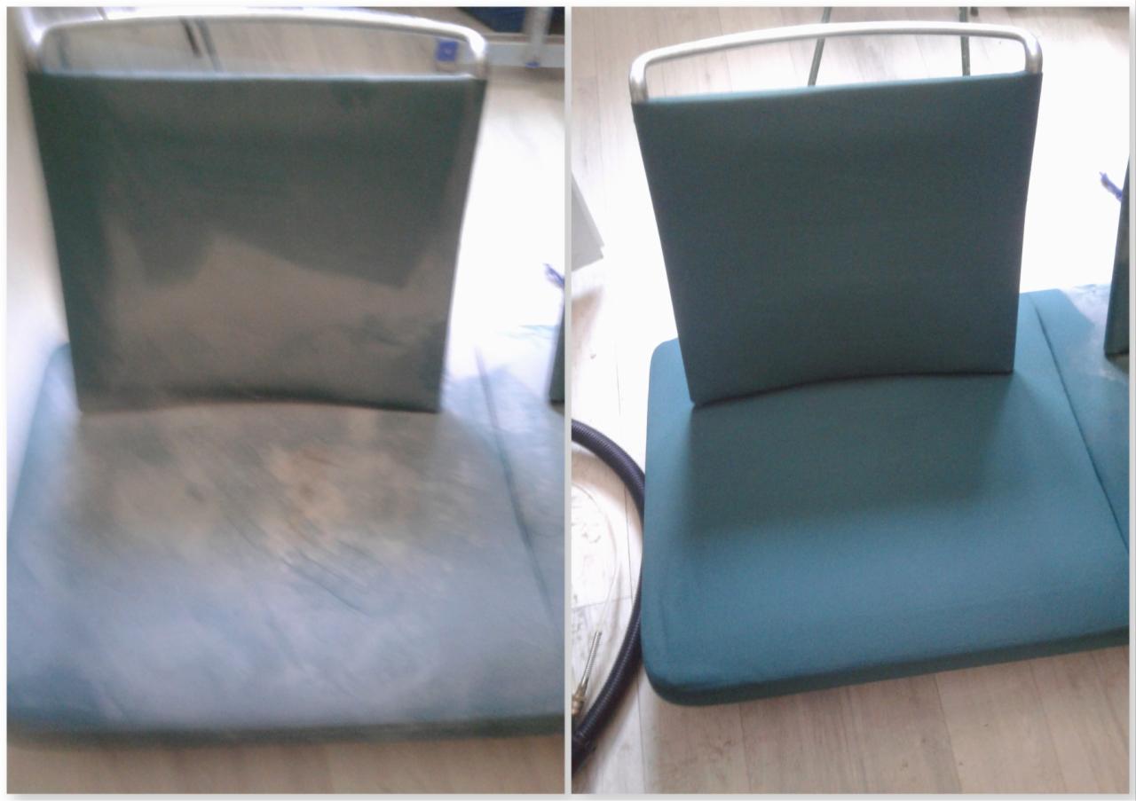 Porównanie fotela przed i po czyszczeniu tapicerki, widoczne różnice w kolorze i usuniętych zabrudzeniach. Po prawej stronie fotel po praniu, po lewej stronie fotel przed praniem.