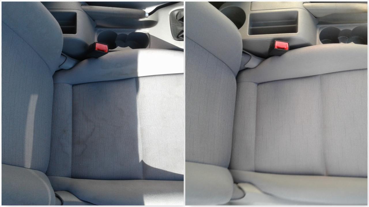 Porównanie fotela samochodowego przed i po czyszczeniu tapicerki, widoczne plamy i zabrudzenia po lewej stronie oraz czysta powierzchnia po prawej.