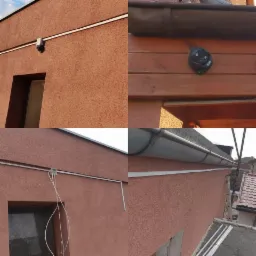 Cztery kadry: kamera kopułkowa na elewacji budynku, kamera na drewnianej podbitce, elewacja z przewodem i wystającymi kablami, elewacja z rynną i dachem w tle.