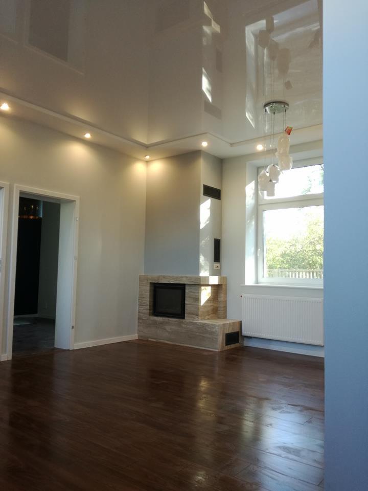 Jasne, przestronne wnętrze z błyszczącą podłogą, nowoczesnym kominkiem z kamienia, gładkim sufitem podwieszanym z oświetleniem punktowym i wiszącą lampą, widok na zieleń za oknem.