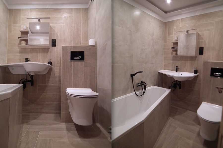 Nowoczesna łazienka w beżowych odcieniach z wiszącą toaletą, umywalką z czarną armaturą i wanną, wykończona płytkami imitującymi drewno.