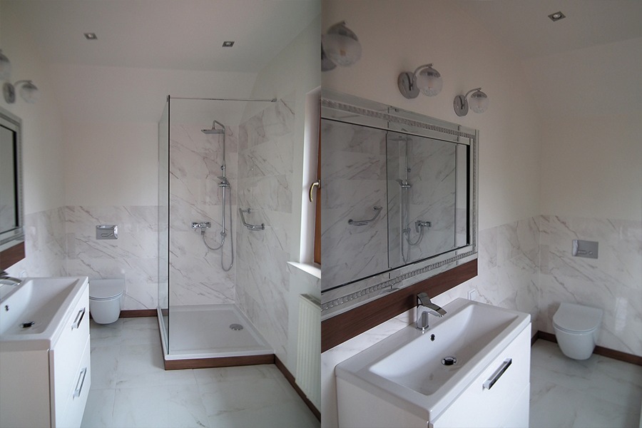 Nowoczesna łazienka w bieli i marmurze, z kabiną prysznicową typu walk-in, umywalką na szafce i lustrem z oświetleniem, ukazana w dwóch ujęciach.