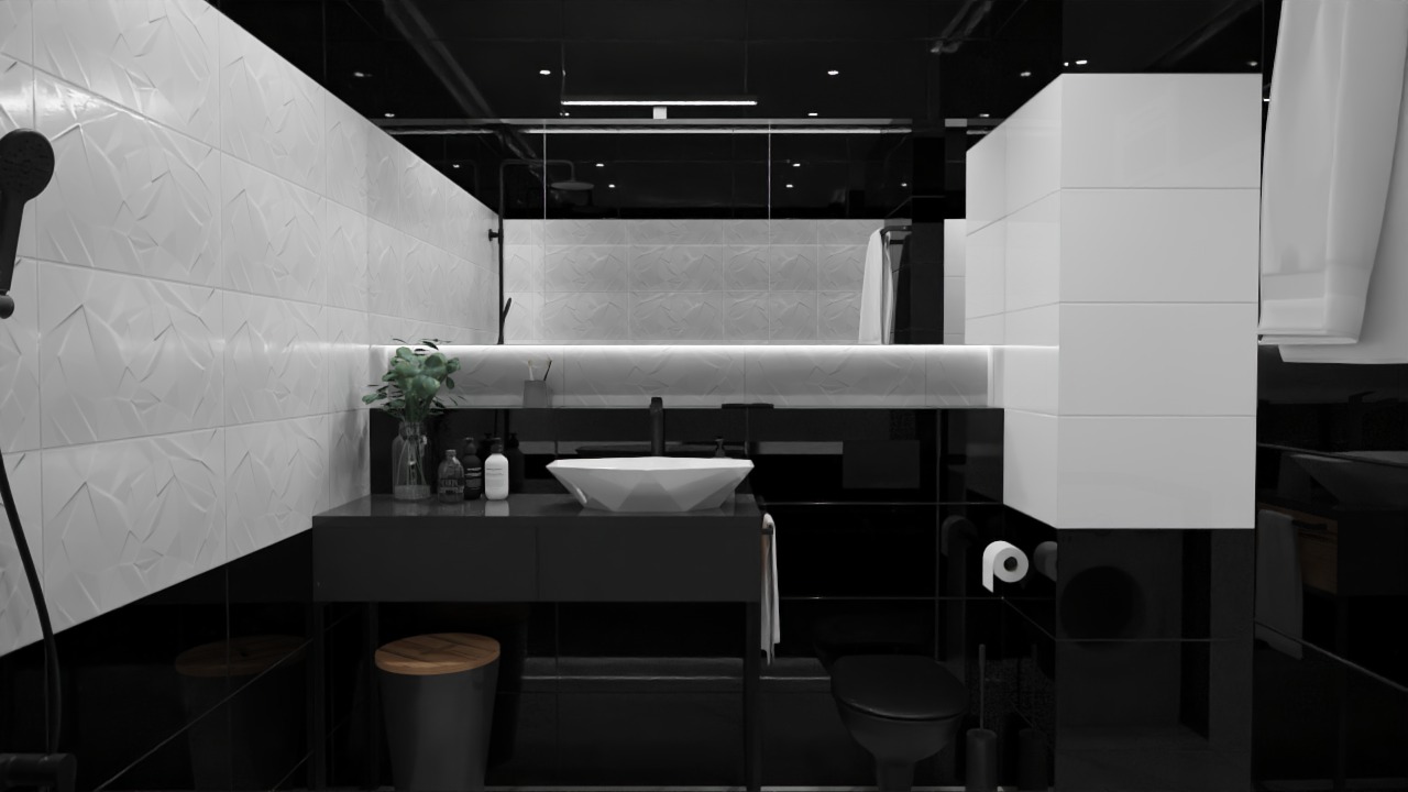Nowoczesna łazienka z czarno-białymi płytkami o strukturze liści, umywalką w kształcie diamentu i minimalistyczną armaturą, oświetlona listwą LED nad umywalką.