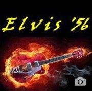 Elektryczna gitara w płomieniach, z napisem 'Elvis '56' powyżej, stylizowana na koncertowy plakat.