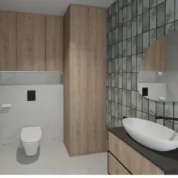 Wizualizacja nowoczesnej łazienki z drewnianymi szafkami, owalną umywalką i lustrem o nieregularnym kształcie na tle mozaiki w odcieniach szarości i błękitu.