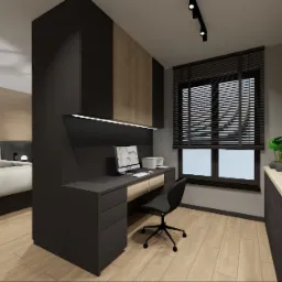 Wizualizacja pokoju z biurkiem, czarnymi szafkami i drewnianymi akcentami. Widoczne łóżko w tle, roślina na komodzie i obraz na ścianie. Nowoczesny design z oświetleniem LED.