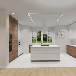 Dolecińska Projekt DARIA DOLECIŃSKA - Wizualizacja nowoczesnej kuchni z wyspą, drewnianymi akcentami i oświetleniem LED. Minimalistyczny design z dużym oknem i zegarem na ścianie.
