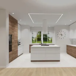 Wizualizacja nowoczesnej kuchni z wyspą, drewnianymi akcentami i oświetleniem LED. Minimalistyczny design z dużym oknem i zegarem na ścianie.