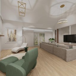 Dolecińska Projekt DARIA DOLECIŃSKA - Wizualizacja salonu z kominkiem, sofą i leżanką. Nowoczesne oświetlenie, drewniana podłoga i stonowana kolorystyka tworzą przytulną przestrzeń.