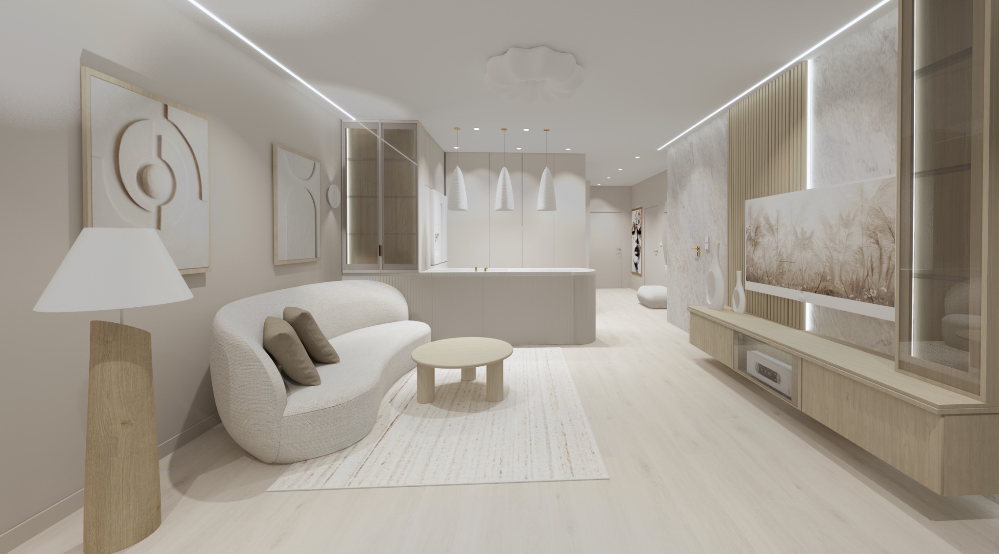 Jasne wnętrze salonu z aneksem kuchennym w minimalistycznym stylu. Sofa o obłych kształtach, drewniany stolik kawowy i dywan. Na ścianach abstrakcyjne obrazy i telewizor.