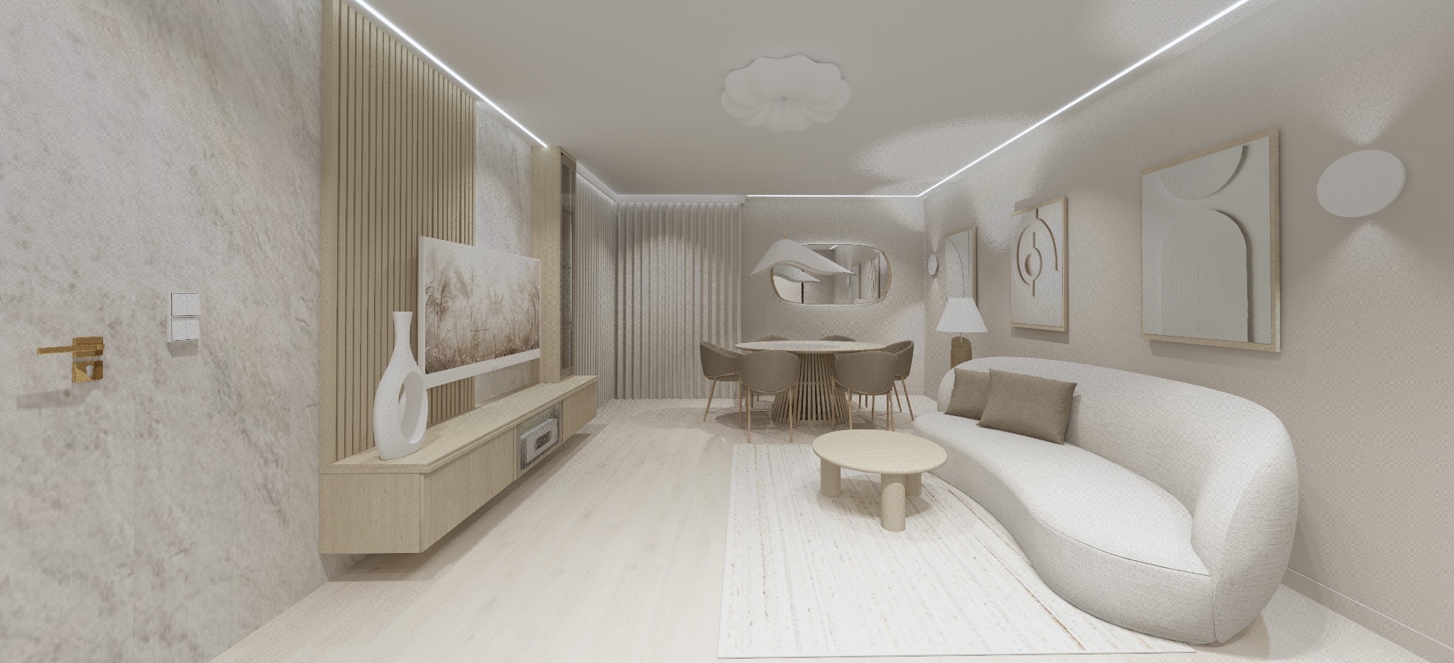 Jasne, minimalistyczne wnętrze: salon z jadalnią w beżach. Sofa o obłych kształtach, okrągły stół z krzesłami, dekoracje ścienne i subtelne oświetlenie LED.