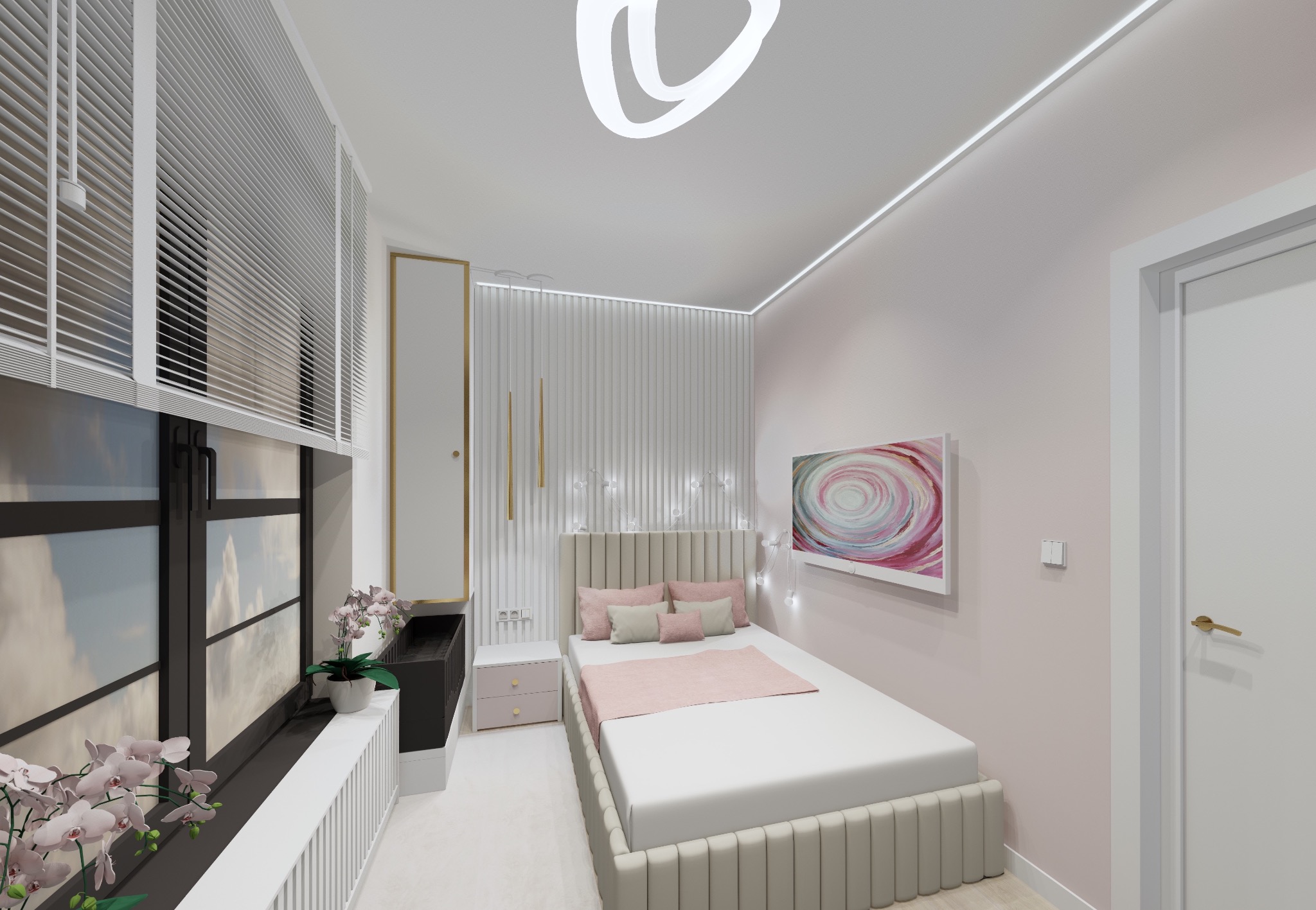 Nowoczesna aranżacja sypialni w Gdyni: łóżko z tapicerowanym wezgłowiem, pastelowe kolory, rolety okienne i dekoracyjne oświetlenie sufitowe. Przytulne wnętrze.