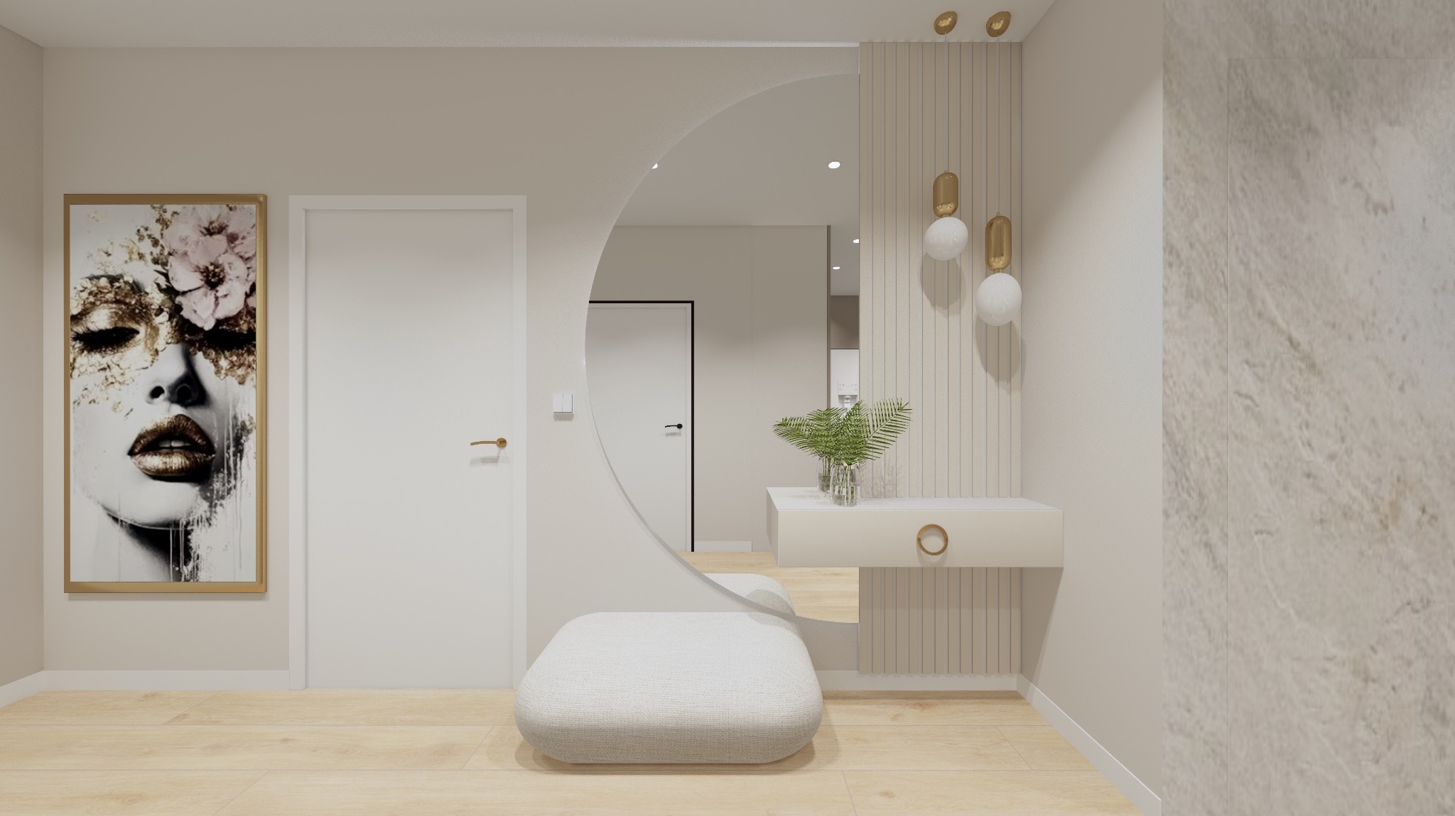 Nowoczesny przedpokój w jasnych barwach z okrągłym lustrem, pufą i konsolą. Na ścianie grafika w złotej ramie i dekoracyjne oświetlenie.