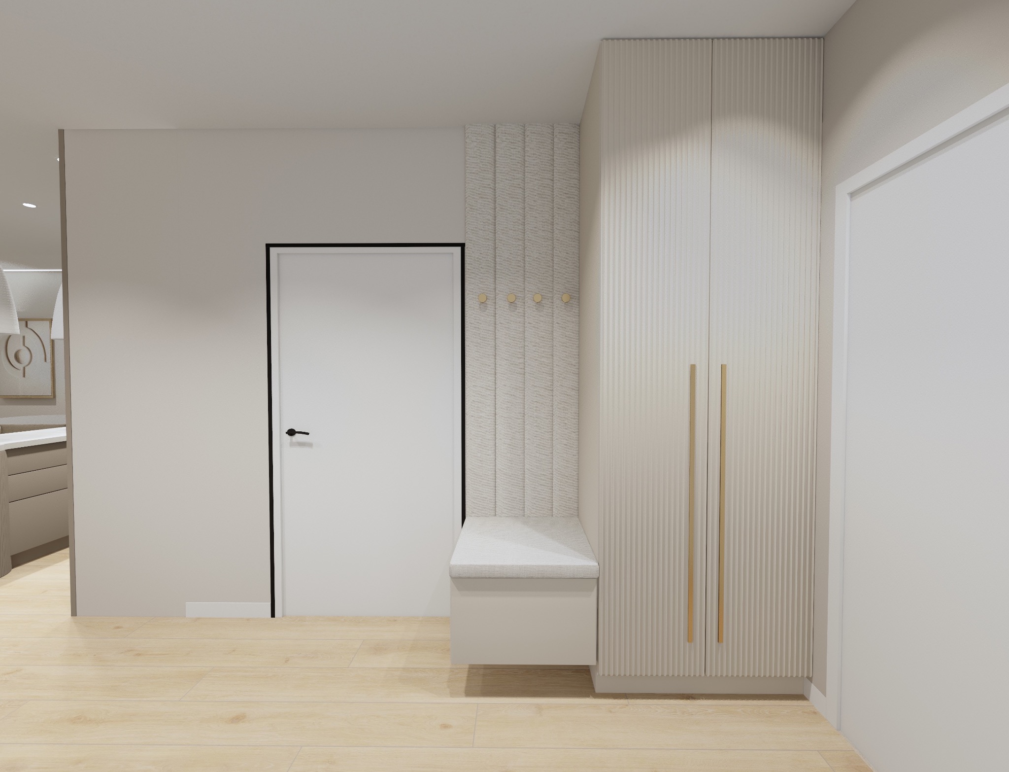 Nowoczesny przedpokój w neutralnej kolorystyce: białe drzwi z czarną ramą, szafa z ryflowanymi frontami i siedzisko z wieszakami. Jasna podłoga z paneli.
