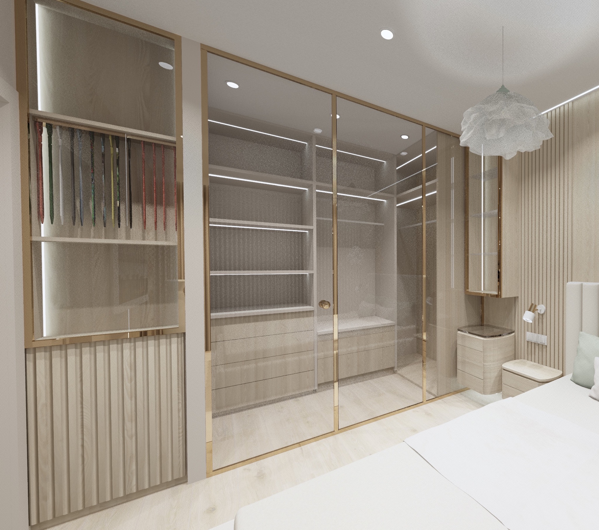 Nowoczesna garderoba z przeszklonymi drzwiami przesuwnymi i oświetleniem LED, widoczna z perspektywy sypialni. Minimalistyczny design, jasne kolory, eleganckie wykończenie.