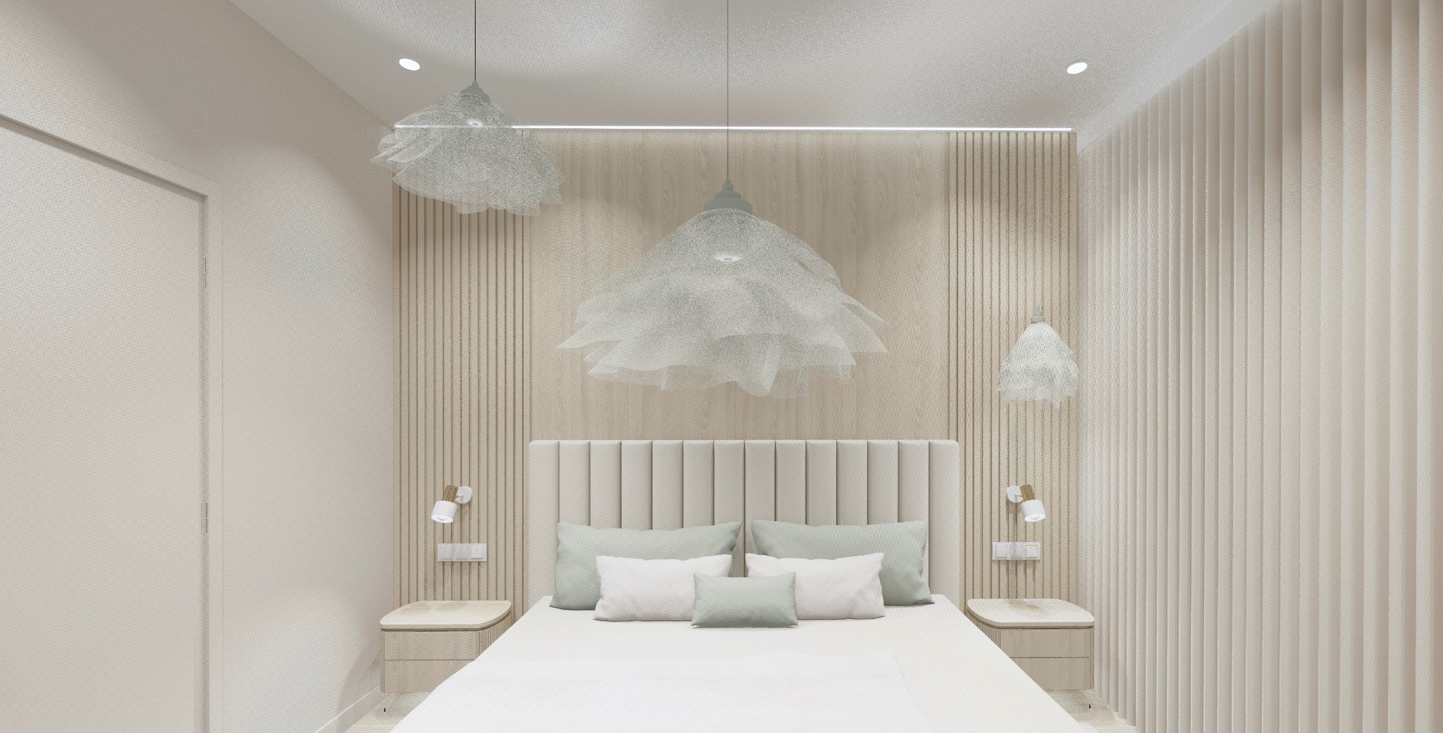 Jasna sypialnia w beżach: łóżko z zagłówkiem, lampki nocne, dekoracyjne lampy wiszące. Minimalistyczny design z akcentami drewna i tekstylną fakturą ścian.