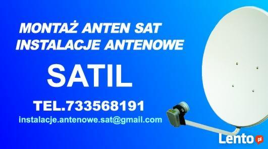 Grafika reklamowa: antena satelitarna z nazwą firmy, numerem telefonu i adresem e-mail na niebieskim tle.