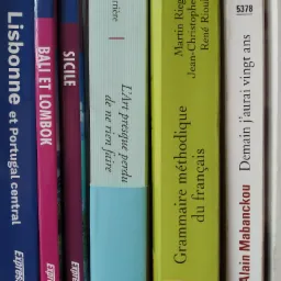 Rząd książek w języku francuskim i portugalskim, obejmujący gramatykę, powieści i przewodniki turystyczne, z widocznymi tytułami i nazwiskami autorów.