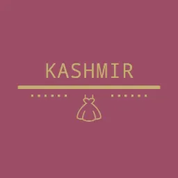 Minimalistyczne logo firmy odzieżowej Kashmir z konturem sukienki, złotymi detalami na bordowym tle.