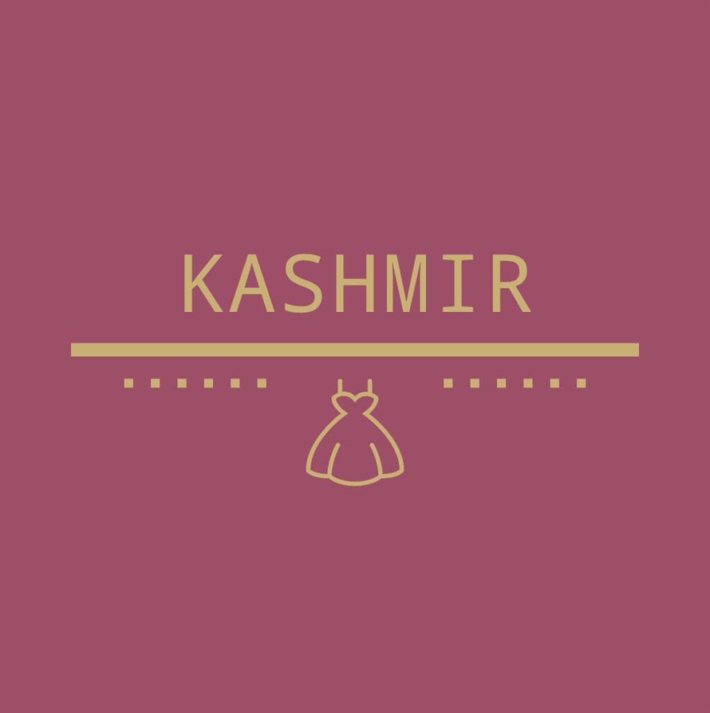 Minimalistyczne logo firmy odzieżowej Kashmir z konturem sukienki, złotymi detalami na bordowym tle.