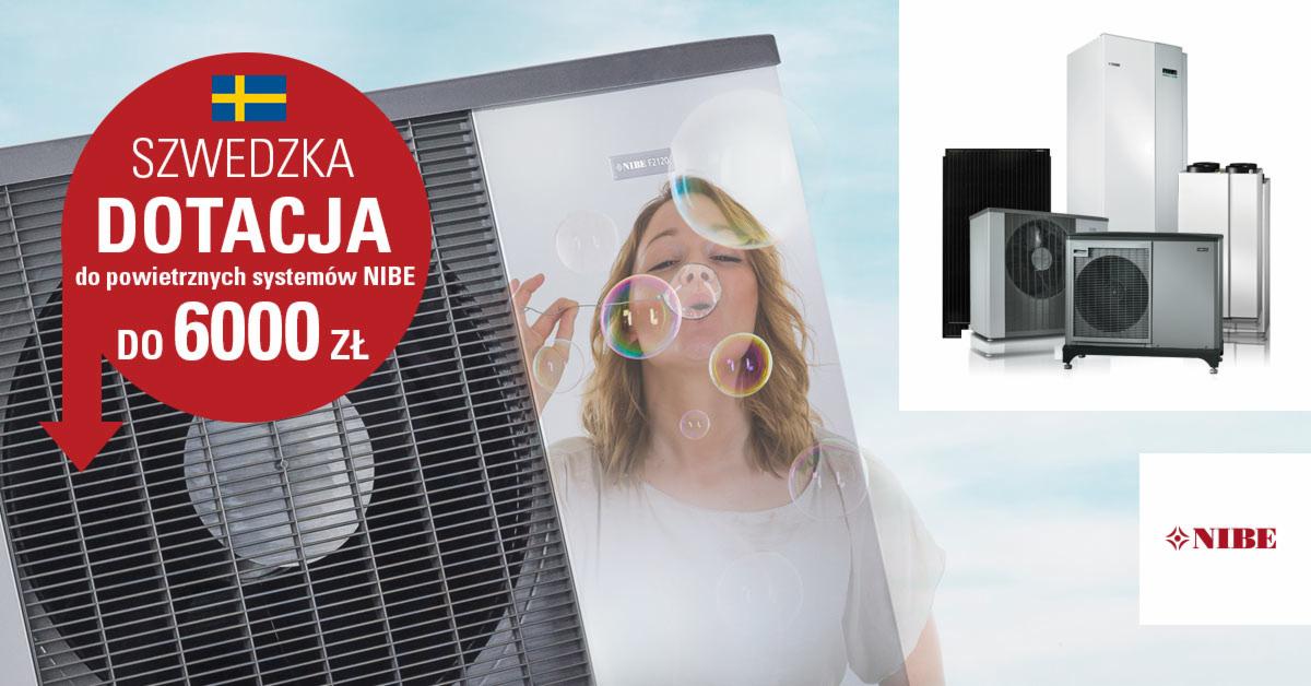 Grafika reklamowa powietrznej pompy ciepła NIBE z informacją o szwedzkiej dotacji do 6000 zł, kobieta dmucha bańki mydlane, w tle różne modele pomp ciepła.