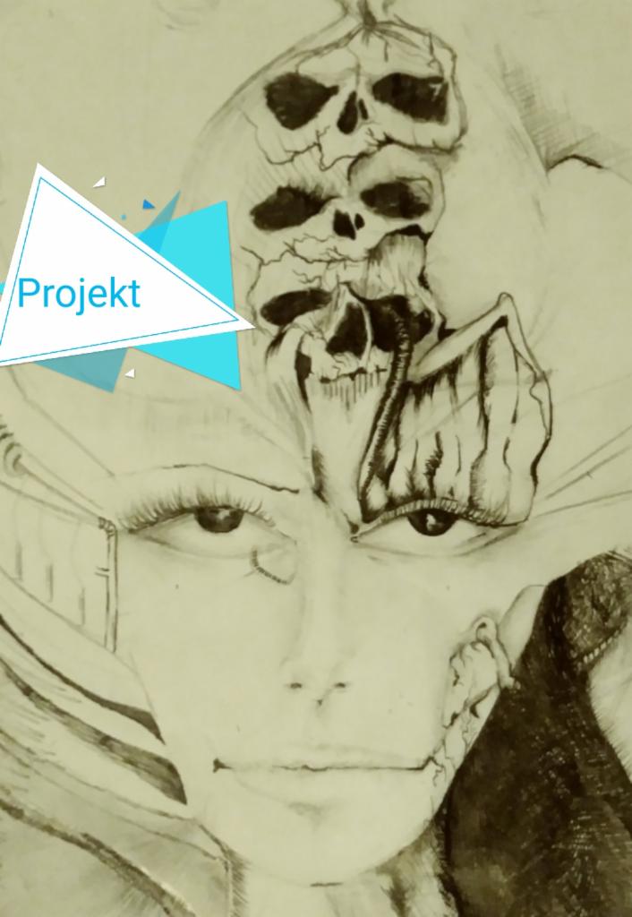 Szkic ołówkiem przedstawiający twarz kobiety z elementami czaszek i napisem 'Projekt' w niebieskim trójkącie.