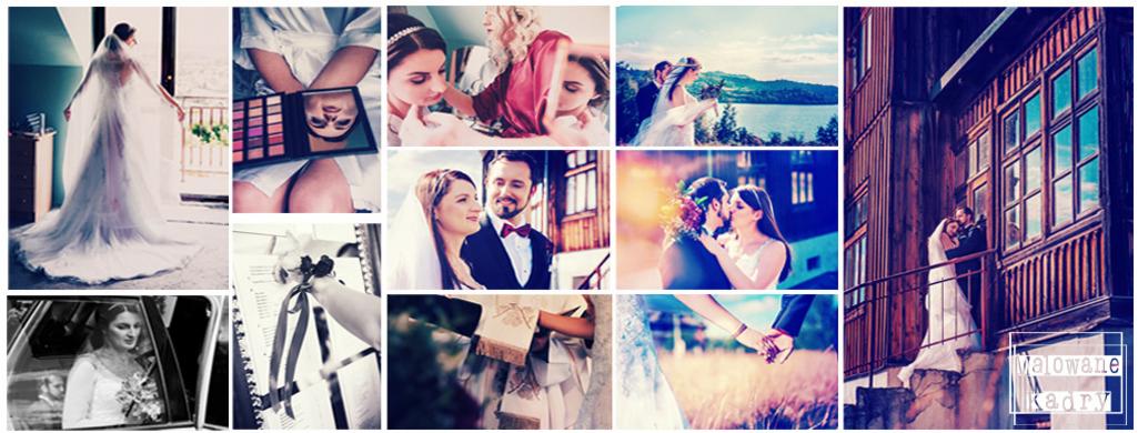 Mozaika zdjęć z przygotowań i ceremonii ślubnej, obejmująca makijaż panny młodej, detale sukni, portrety pary młodej w różnych sceneriach, w tym na tle jeziora i drewnianego budynku.