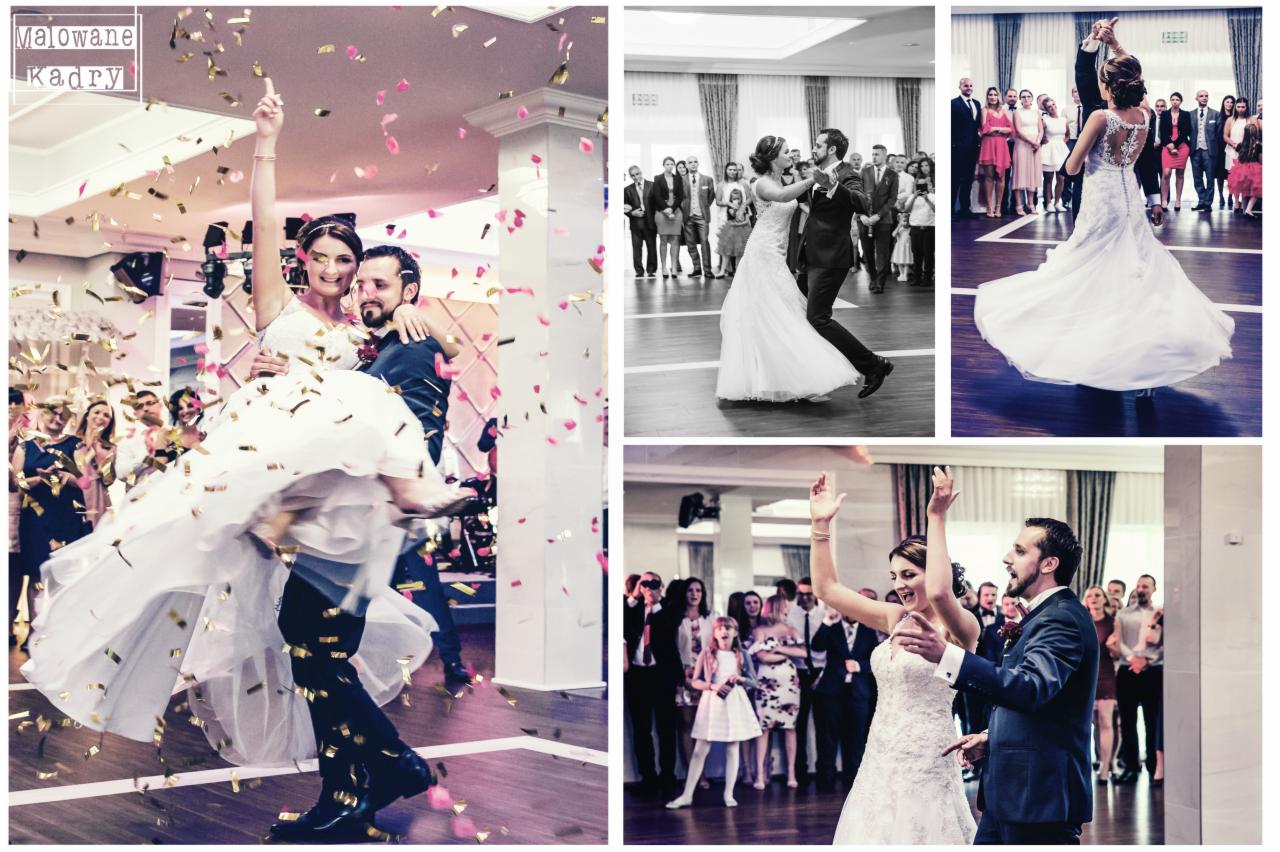 Kolaż fotograficzny z wesela: para młoda tańcząca w konfetti, czarno-białe ujęcia z pierwszego tańca, uśmiechnięci goście w tle.