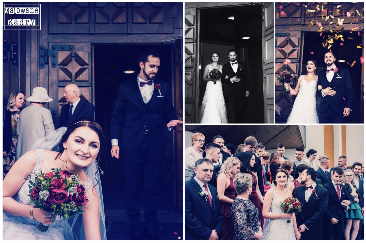 Kolaż zdjęć z ceremonii ślubnej: uśmiechnięta panna młoda z bukietem na tle drewnianych drzwi kościoła, para wychodząca z kościoła obsypywana konfetti, oraz goście weselni.