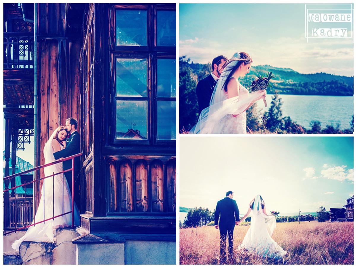 Kolaż z trzech ujęć pary młodej: przy drewnianym budynku z dużymi oknami, z widokiem na jezioro i góry, oraz spacerującej po łące w słoneczny dzień.