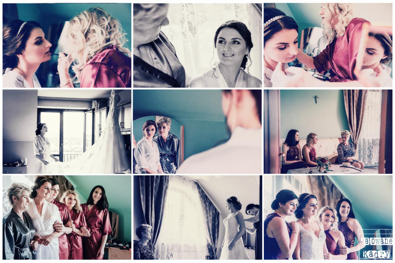 Kolaż zdjęć z przygotowań panny młodej: makijaż, suknia ślubna wisząca przy oknie, panna młoda z bliskimi kobietami.
