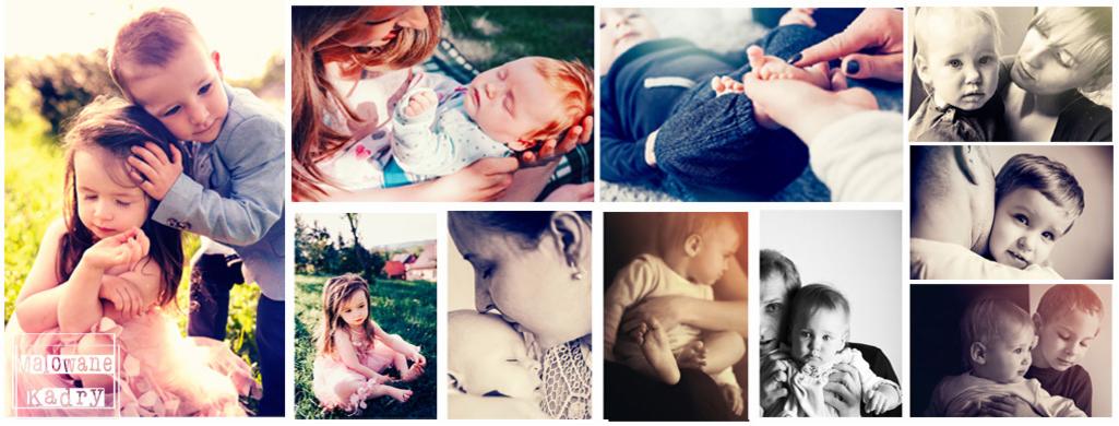 Kolaż zdjęć przedstawiających dzieci w różnych ujęciach: rodzeństwo przytulające się na łące, niemowlę śpiące w ramionach, stopy dziecka w dłoniach dorosłego, portrety dzieci z rodzicami w czerni...
